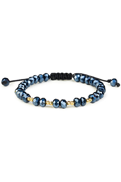 One Gold Bracelet with 8 beads 14K Gold "585" and Blue Crystals, adjustable