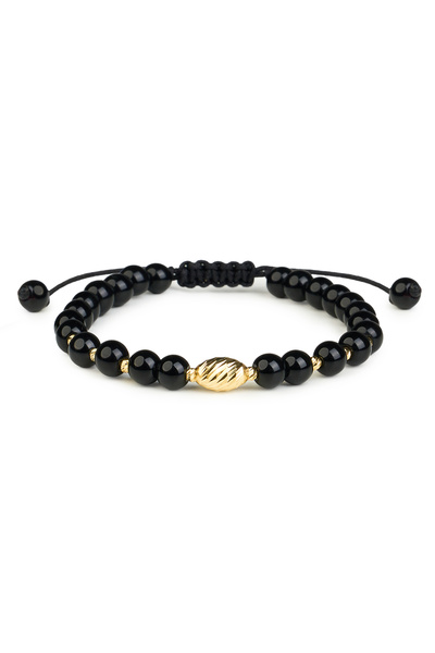 One Gold PREMIUM Bracelet with 14K Gold Beads "585" and Black Onyx, Adjustable