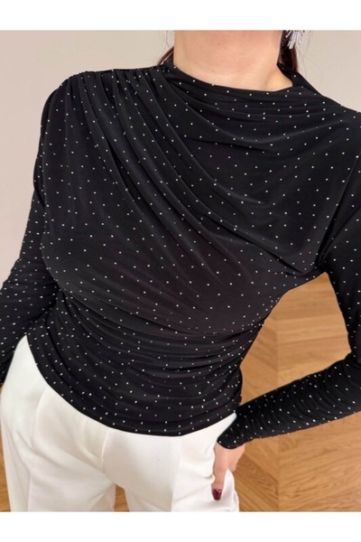 VESA Kadın Drapeli Boğazlı Taş Detaylı Bluz Siyah & Beyaz