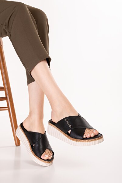 Gondol Genuine Leather Comfort Sole Comfortable Daily Slipper Imk.2205 Black