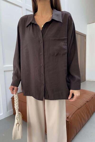 mylove Tensel Fabric Back Pleated Shirt Brown