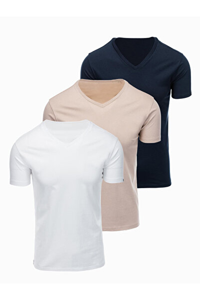 OMBRE Bărbați Tricou Bumbac Set 3 buc. OM-TSBS-0281 Navy, white, warm grey