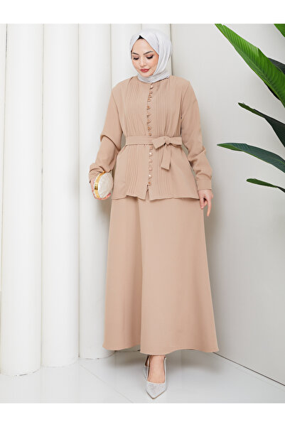 EFSUN MODA Women's British-Style Buttoned Belted Skirt Two-Piece Suit Tesettür