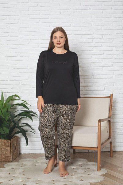 Asel Büyük Beden Uzun Kollu Leopar Desen Milan Pijama Takımı