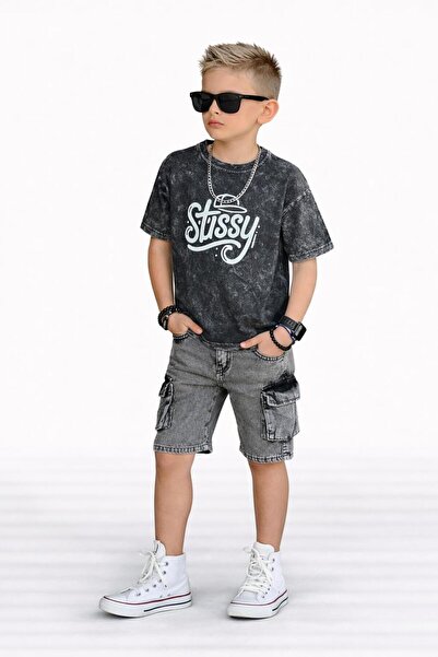 Bambam Boys Street Style Oversized T-Shirts and Pocketed Denim Shorts Set-30501
