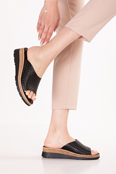 Gondol Genuine Leather Wedge Heel Pieces Daily Slipper Rh.441 Black
