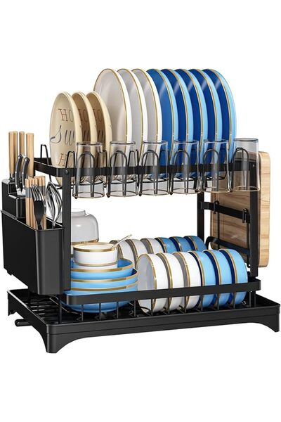 Arabest 2-Tier Dish Rack,Countertop Drainer with 360° Rotating Drain Deflecto...