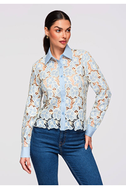 OMBRE Femei Cămașă Elegantă Dantelă OW-SH-E0025 Albastru deschis