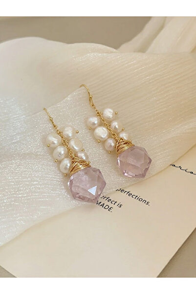 MAJOOD 8K Gold 925 Silver Natural Pearl Pink Crystal Handmade Earrings - Luxu...