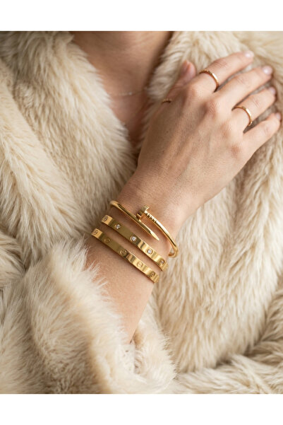 stainless steell طقم أساور ذهبية اللون مكون من 3 قطع مع مشبك مسطح مرصّع بالأح...