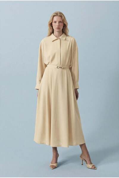 TERZİ DÜKKANI GOLD DÜĞÜM KEMER DETAYLI KREP ETEKLİ TAKIM VANİLYA