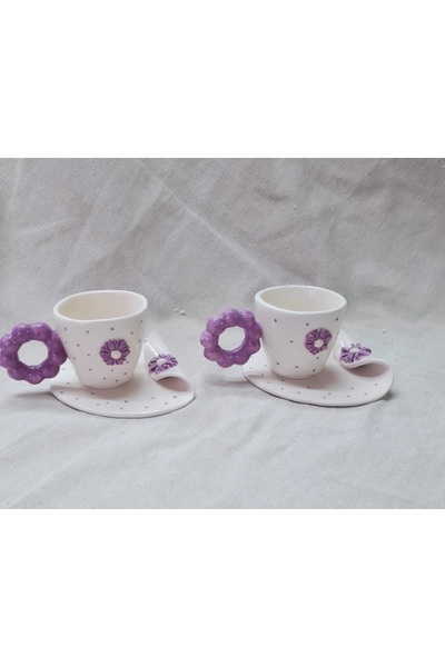 senseoftouch Purple Flower Turkish Coffee Cup Set for Two Handmade Ceramic