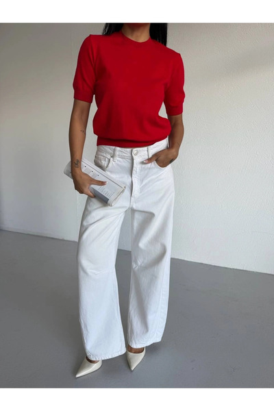 Black Fashion Crew Neck Short Sleeve Knitwear Women's Blouse Red