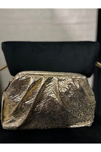 RAMAZAN YARDIMCI Kadın Altın Renk Drapeli Işıltılı Clutch Gece Çantası