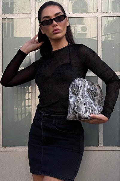 Madmext Black Sheer Velvet-Textured Women's Blouse Mg2730