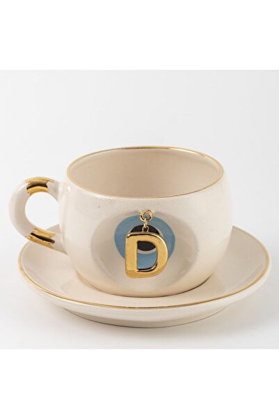 BSK Ceramics Handmade Mavi Nazar Boncuklu Harfli Çay Fincanı D Harfi