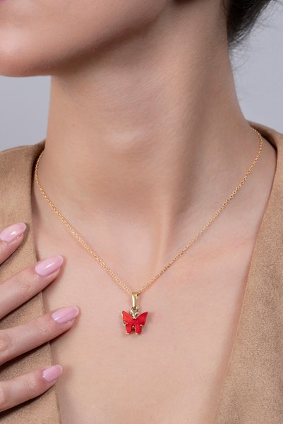Elika Silver Red Butterfly Model Bijouterie Necklace