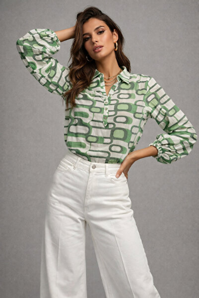 Rich Women's Green Buttoned Chiffon Long Sleeve Blouse