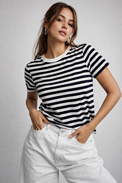 WILD BEE Women's Navy Blue Cotton Lu Striped Oversized T-Shirt