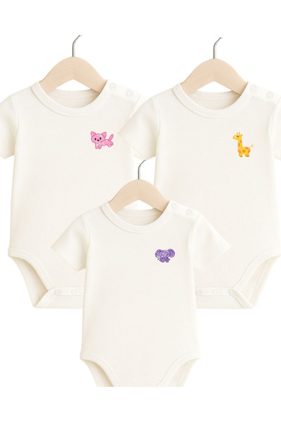 babytex 3-Piece Baby Bodysuit Set 100% Cotton Short Sleeve Bodysuit Animal Pr...