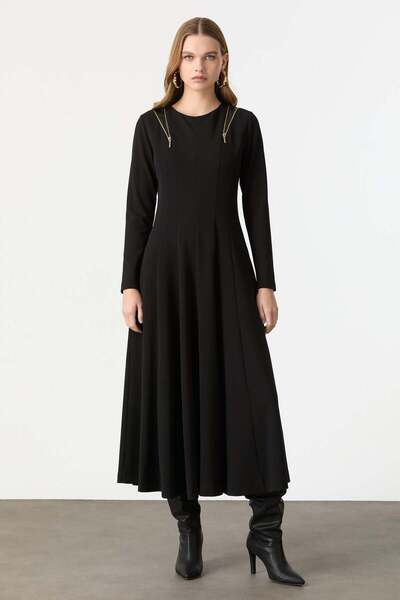 accort Fermuar Kombinli Krep Elbise-SİYAH