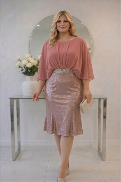 Donna Miranda Büyük Beden Midi Abiye Elbise Drapeli Şifon Üstlü Taşlı Bel Det...