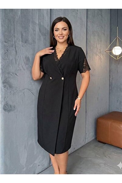 Şirin Butik Women's Plus Size Double-Breasted Collar Lace Detailed Stretchy E...