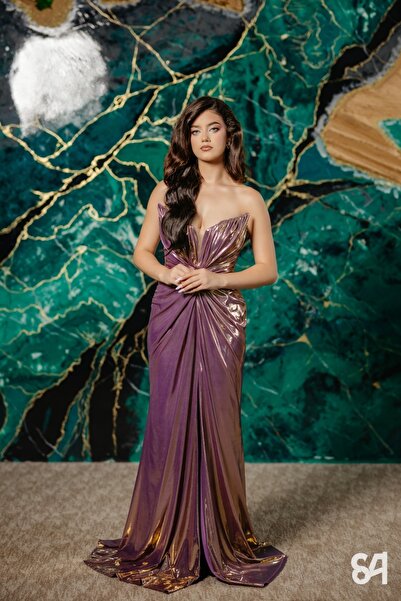 Angy Fashion Gold-purple metallic evening dress with a draped bodice - Aurora...