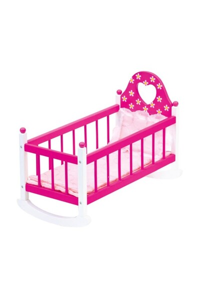 Bino Wooden doll cradle pink white with Duvet Cover Set 57 x 29 x 26 cm