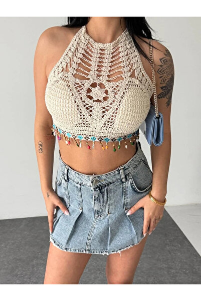 bysoca Women's Ecru Lace-Like Knit Crochet Knit Beaded Open Back Tie-Detail P...