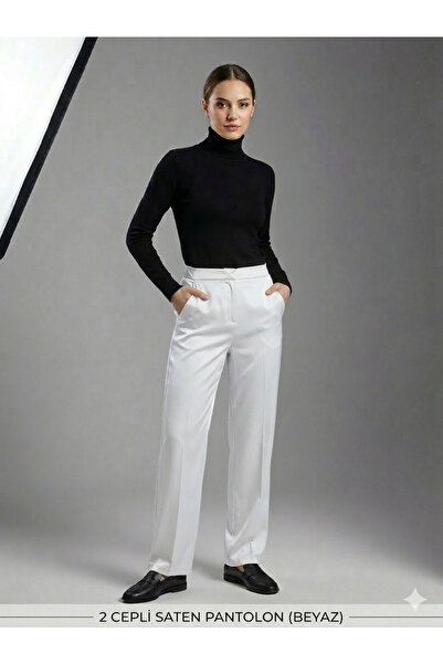 Kutaf Women's High Waist Satin Trousers 2 Pocketed Relaxed Fit Stylish Casual...