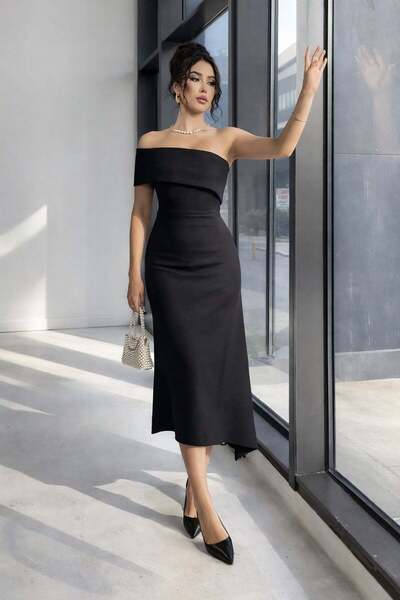 Deafox Black Collar and Skirt Asymmetrical Detail Crepe Fabric Midi Length Dress