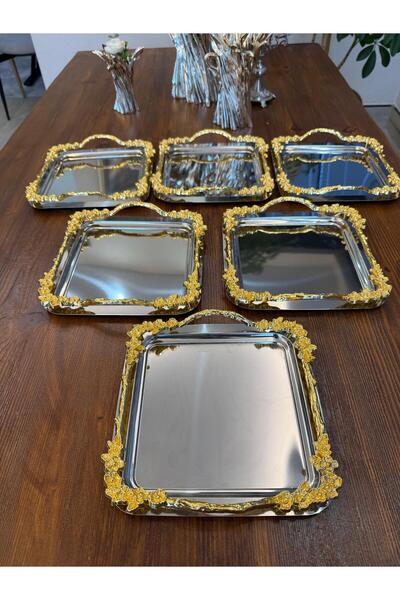 atabey home collection 6 Adet Gümüş Sunum Tepsisi Gold Kulplu Japon Gülü & Ka...