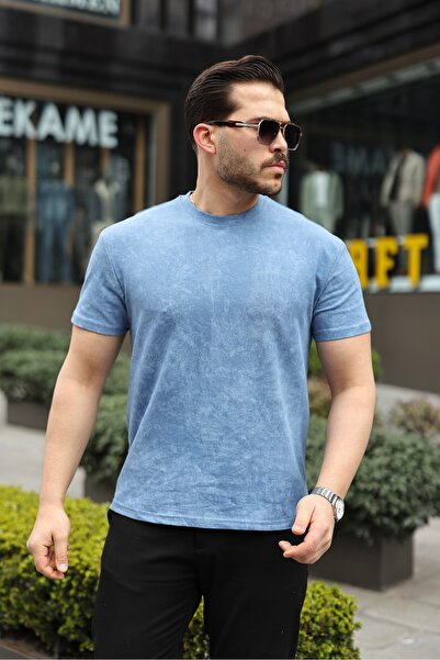 NERATHIS Men's Oversized T-Shirt Fat Pattern Two Yarn Fabric-Blue