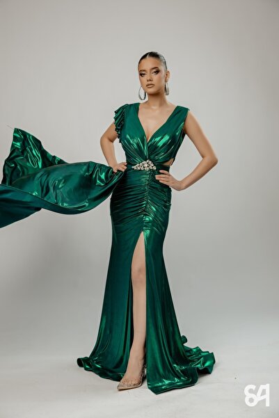 Angy Fashion Rochie de emerald cu broșă și trenă elegantă, model împărătesă, ...