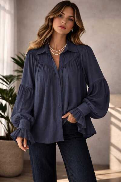 ECK MODA Women's Casual Fit Oversized Ruched Low Shoulder Textured Shirt - Cu...