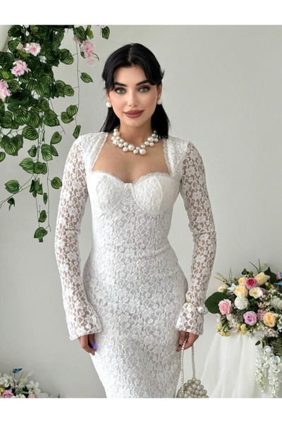 Dilek Vardar White Lace Long Sleeve Stylish Long Dress