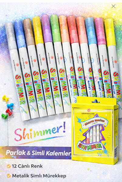 BİLGİ K K Shimmer Marker 12 Colors Glittery Metallic Pen Set Shiny Highlighte...