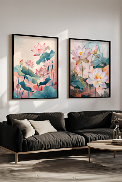 STARYUNA Σετ δύο πίνακων ζωγραφικής με θέμα το λουλούδι του λωτού, με μαύρο ξ...