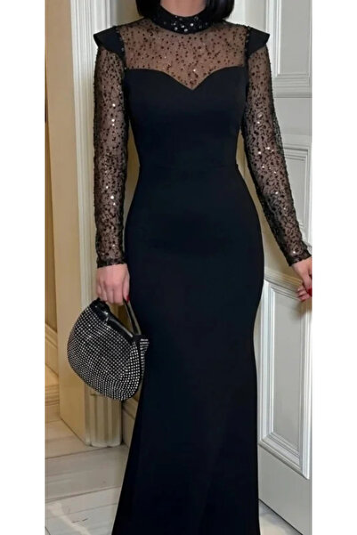 bysoca Women's Black Fish Model Sequin Embroidered Long Sleeve Half D Mock Ne...