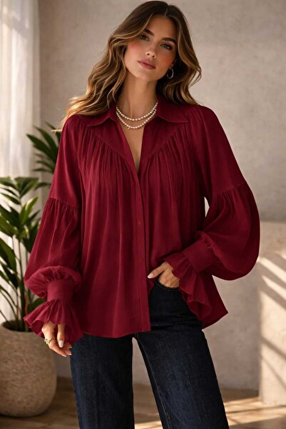 ECK MODA Дамска риза в свободен крой, с обемна кройка, набрани ръкави, ниски ...