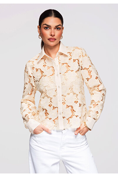 OMBRE Femei Cămașă Elegantă Dantelă OW-SH-E0025 Bej