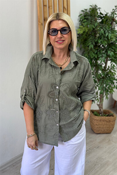 By Esra Celkan Khaki Embossed Eyelet Embroidery Pack Cotton Imported Shirts