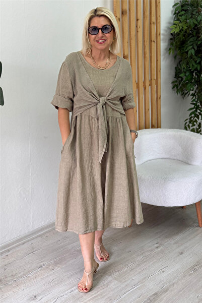 By Esra Celkan Mink Mesh Tie-Detail Imported P Cotton K Linen Dress