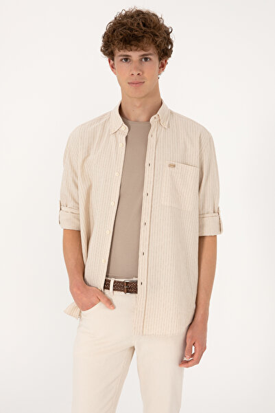 U.S. Polo Assn. Men's Shirt in Beige with Striped and Applied Logo