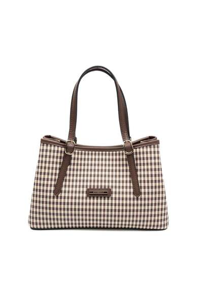 Silver Polo فضي وبولو SP1252 للنساء حقيبة يد قماش منقش خط مربع بني أصفر-بني