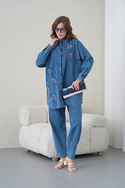 Miss Allos طقم نسائي من قميص جينز طويل واسع واسع القصة مطرز وبنطلون جينز