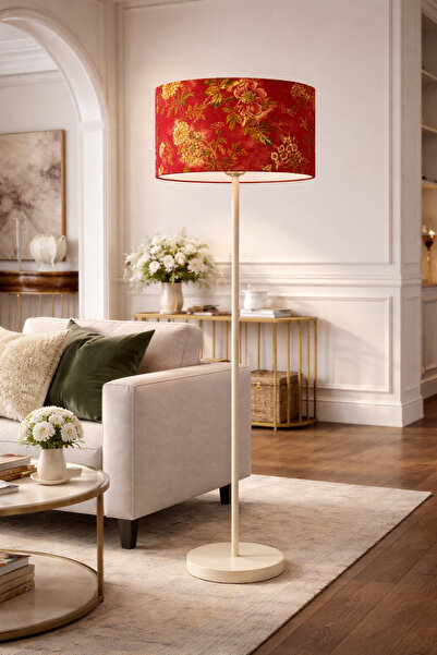 Natiorj Kırmızı Gül Abajur Şapkalı Krem Renkli Tek Ayaklı Lambader Salon Yata...