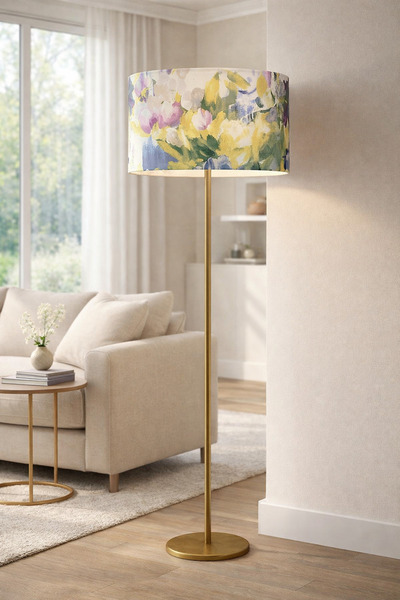 Natiorj Beyaz Mor Çiçek Abajur Şapkalı Eskitme Renkli Tek Ayaklı Lambader Sal...