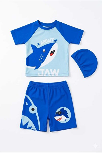 Beniizle Baskılı Desenli Şortlu Boneli Erkek Çocuk 3'lü Set Mayo